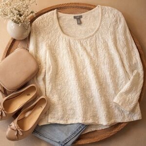 J.Jill Textured Stretch Top Small Ivory Cotton Blend Long Sleeve